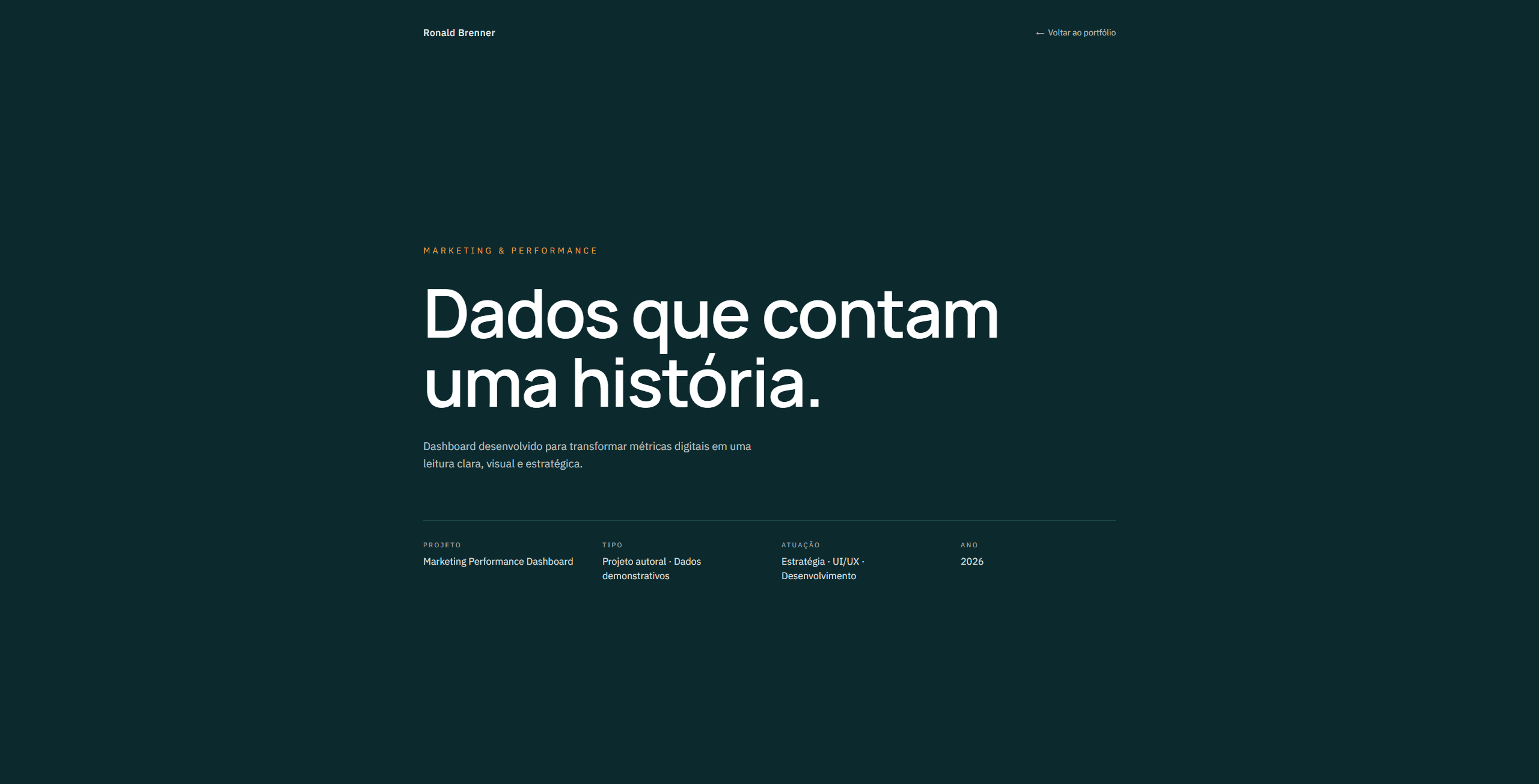 Tela inicial do Marketing Performance Dashboard: o título 'Dados que contam uma história' sobre fundo escuro, com a ficha do projeto — tipo, atuação e ano.
